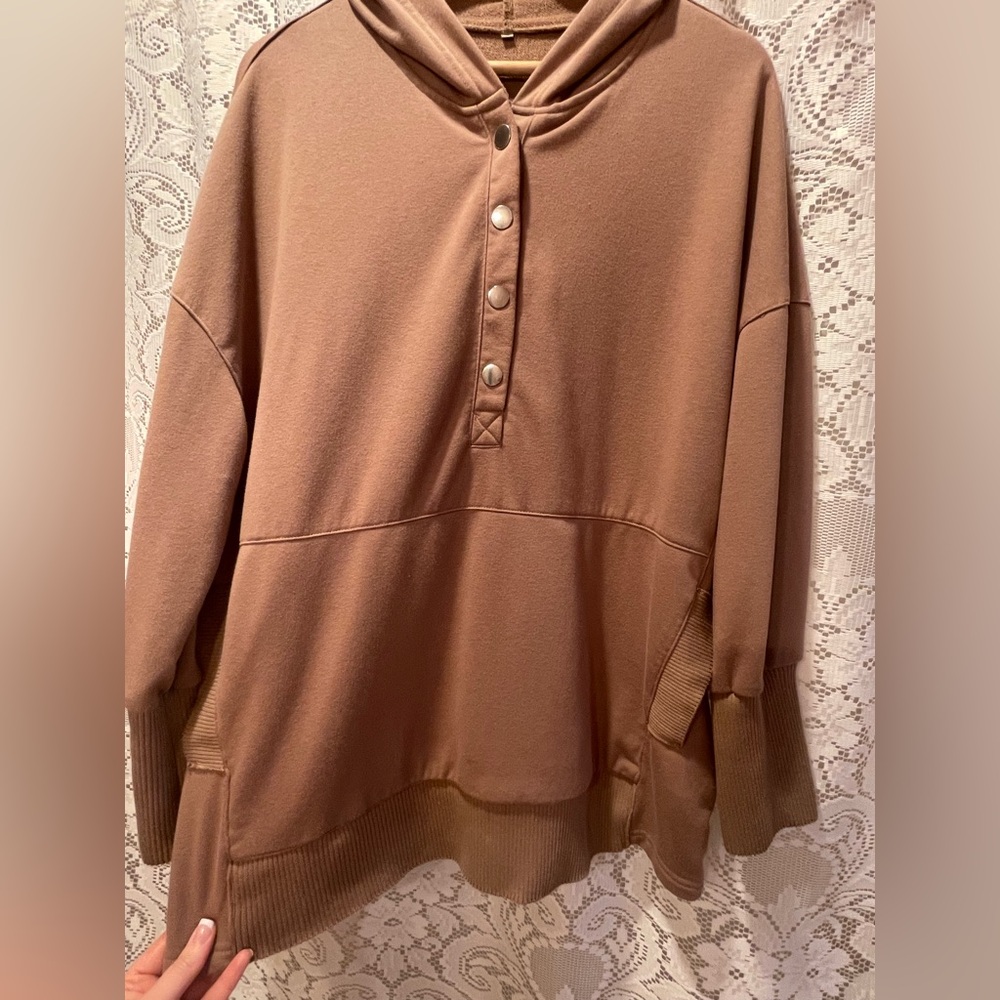 Dusty Rose Brown Women's XL Pullover Henley Hoodie with Snap Buttons
